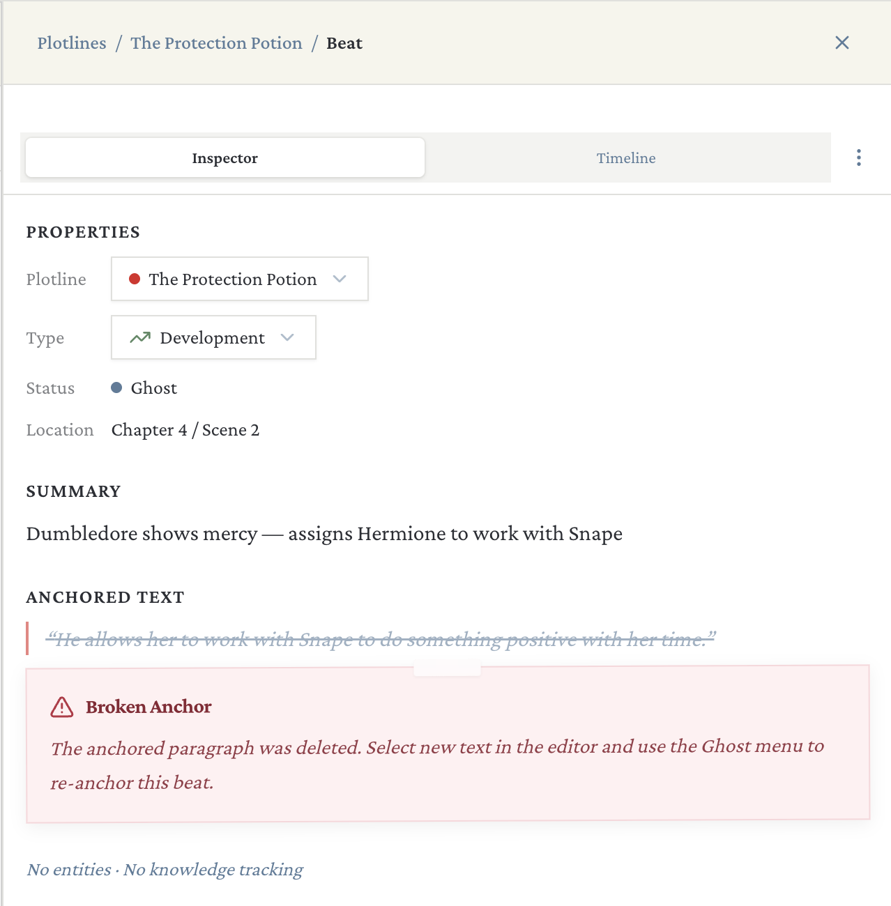 Beat inspector showing a ghost beat with broken anchor warning