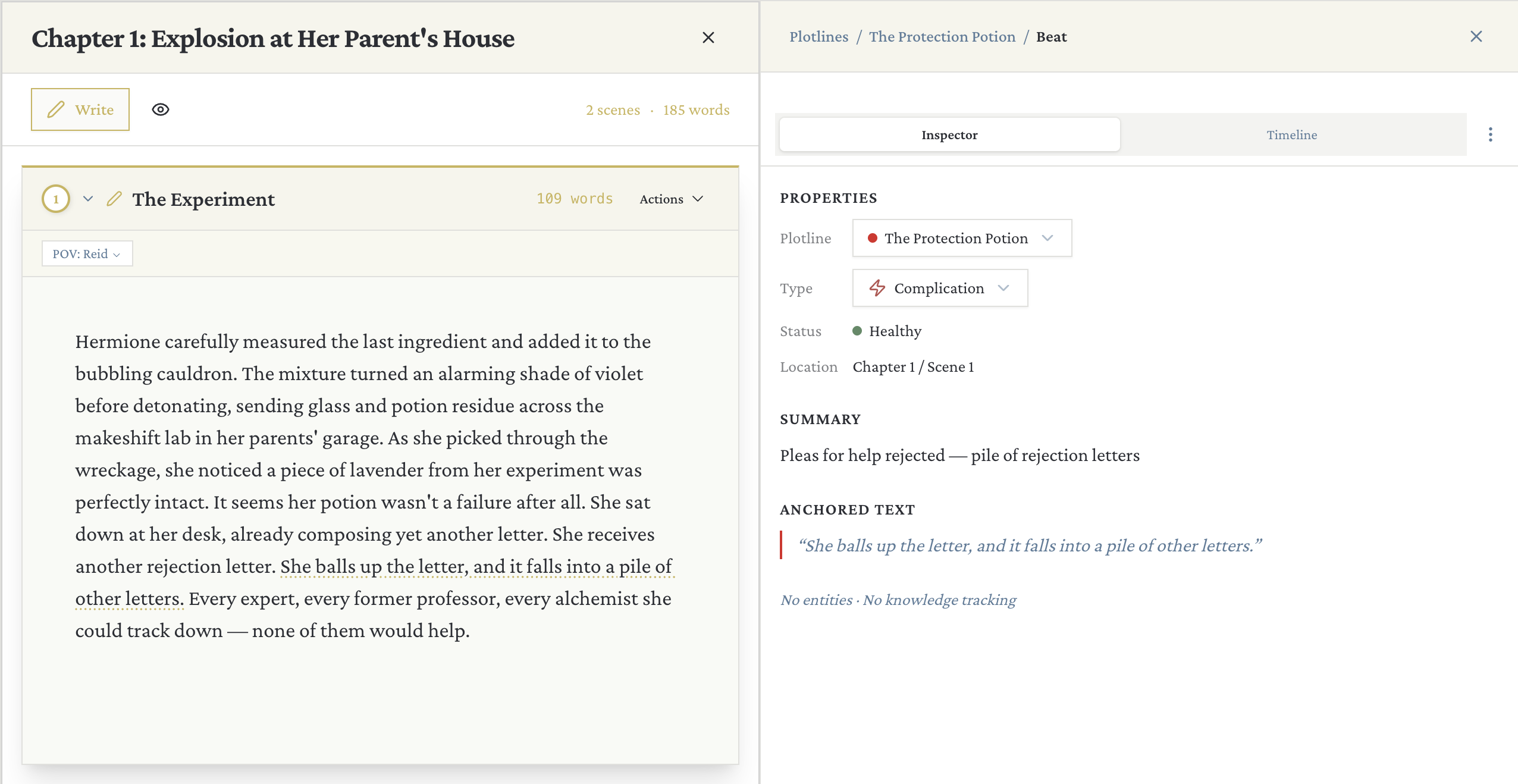 Beat inspector showing a tagged beat with plotline, type, and anchored text