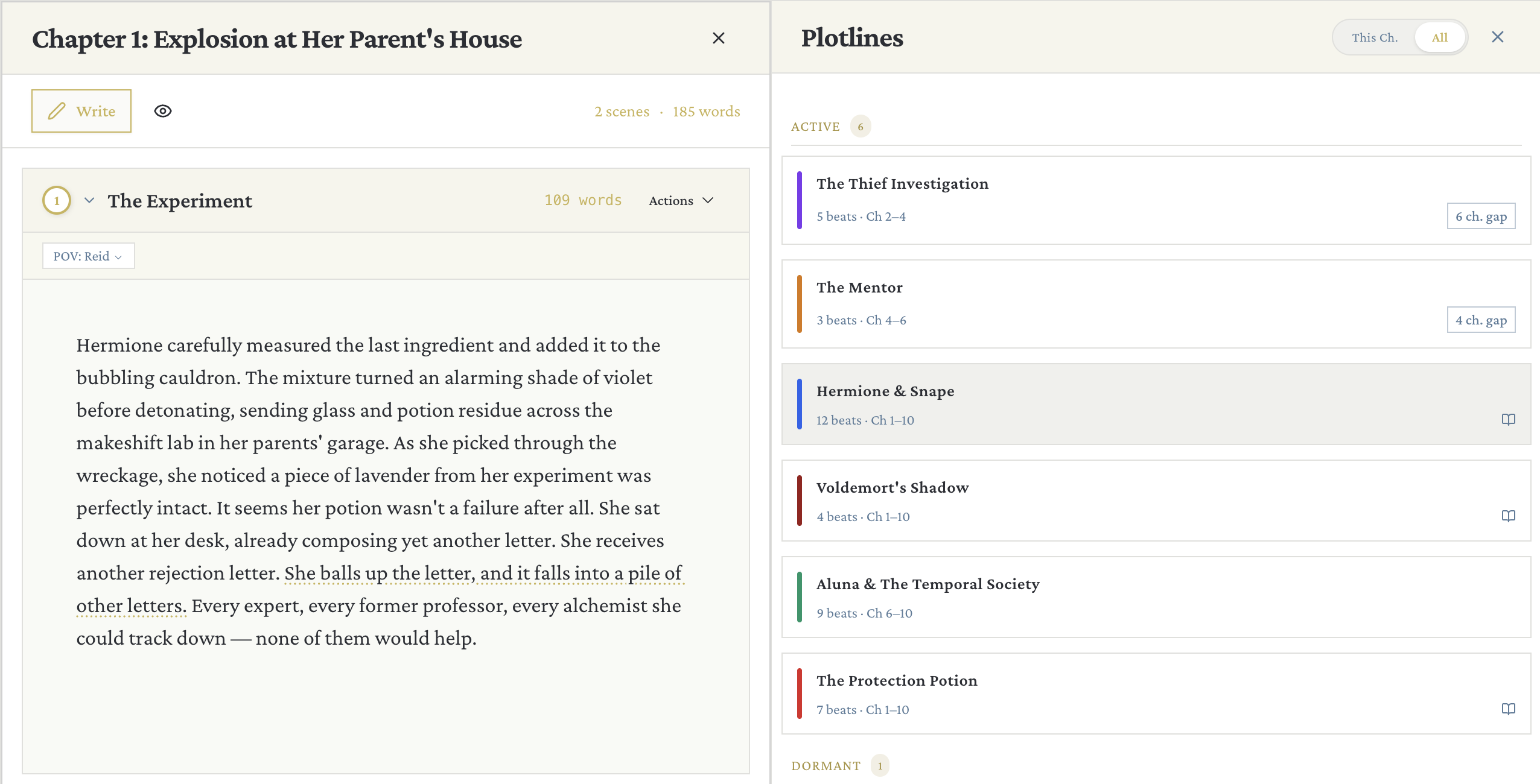 Plotlines panel showing six active plotlines with beat counts and chapter ranges