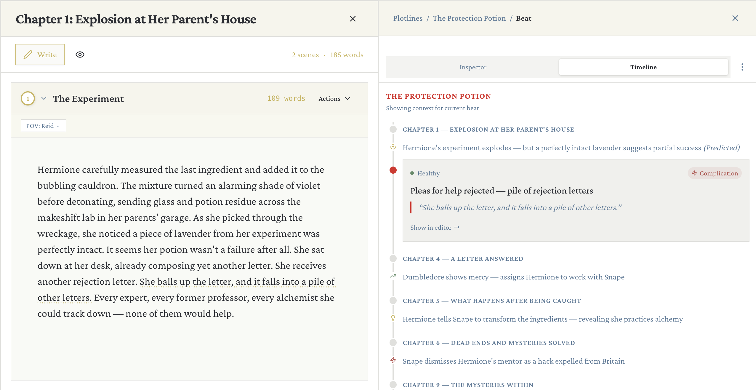 Timeline view showing beats across chapters for The Protection Potion plotline